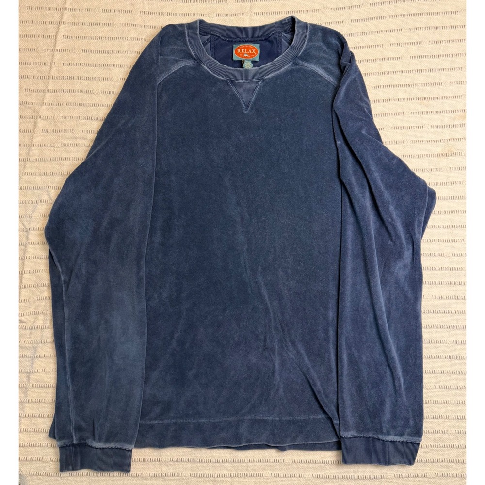 Tommy Bahama Relax Mens XL Velour Sweatshirt Blue Raglan Pullover Crew Neck